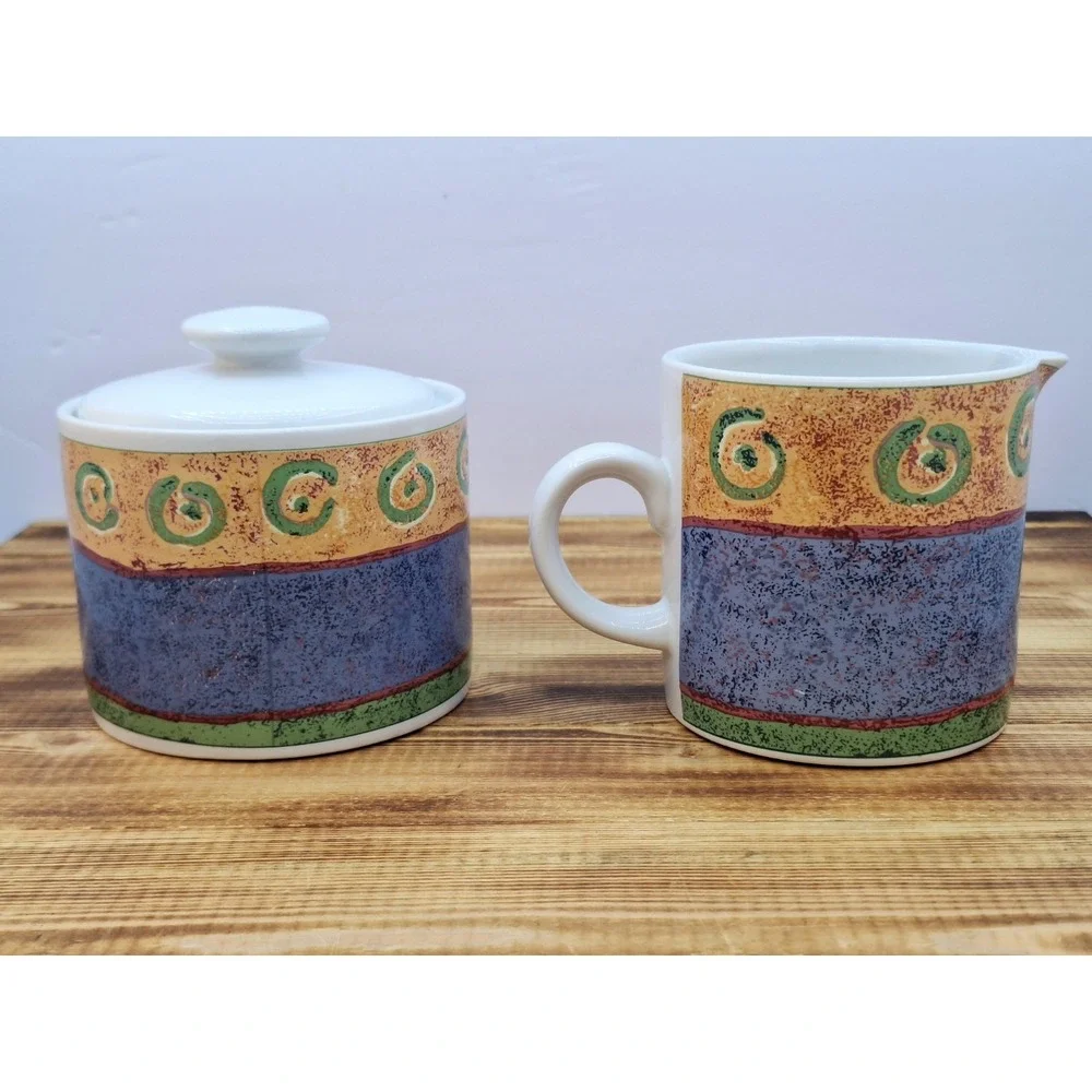 Vintage 1995 Sakura Malaga by Sue Zipkin Stoneware Creamer +‎ Sugar Bowl and Lid